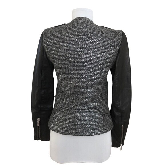 Maje Moto Jacket size 2 Leather Sleeve Silver Metallic Black Remeur Wool tweed - Picture 3 of 10